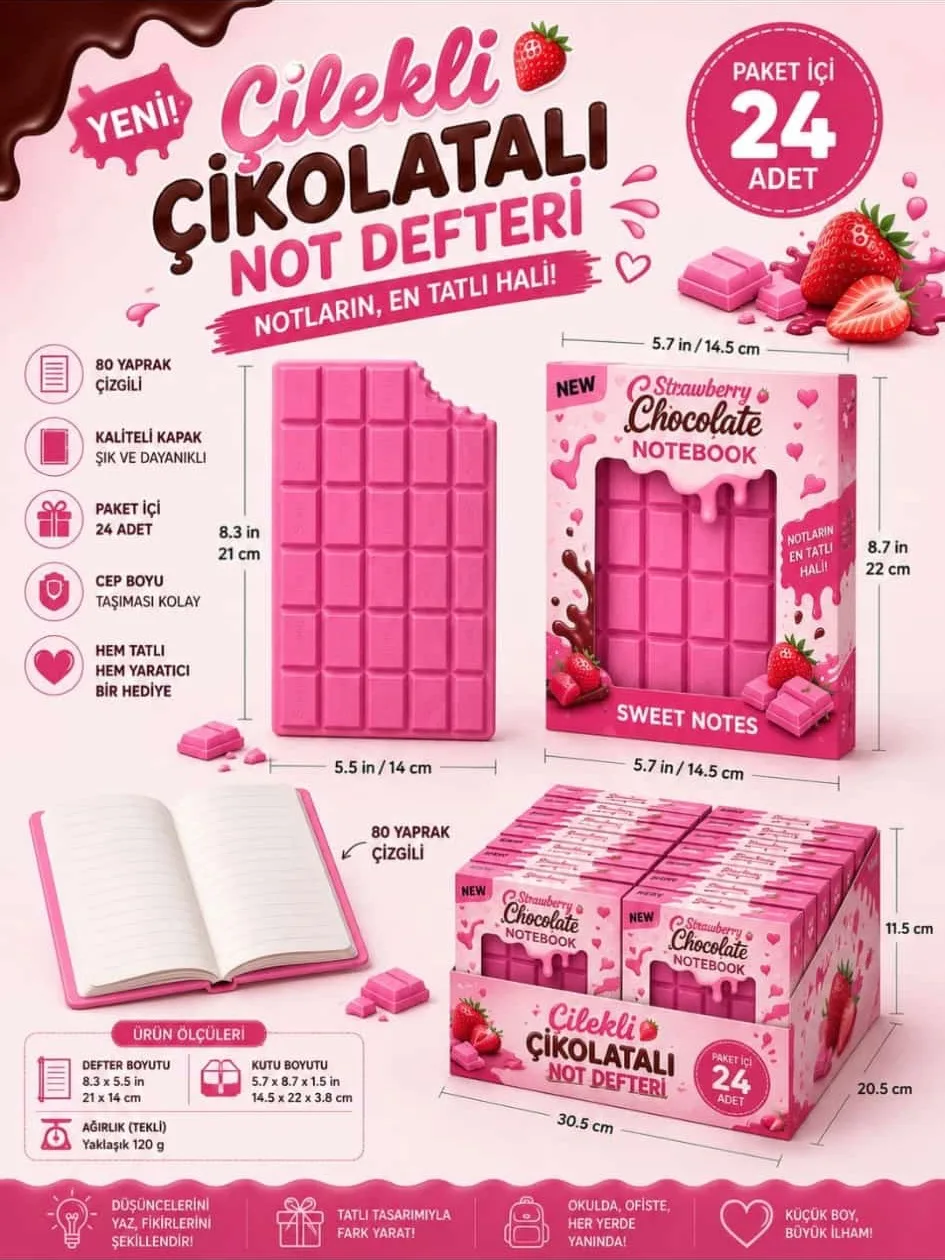 Çilekli Çikolatalı Not Defteri; ürün, ambalaj ve paket sunumu