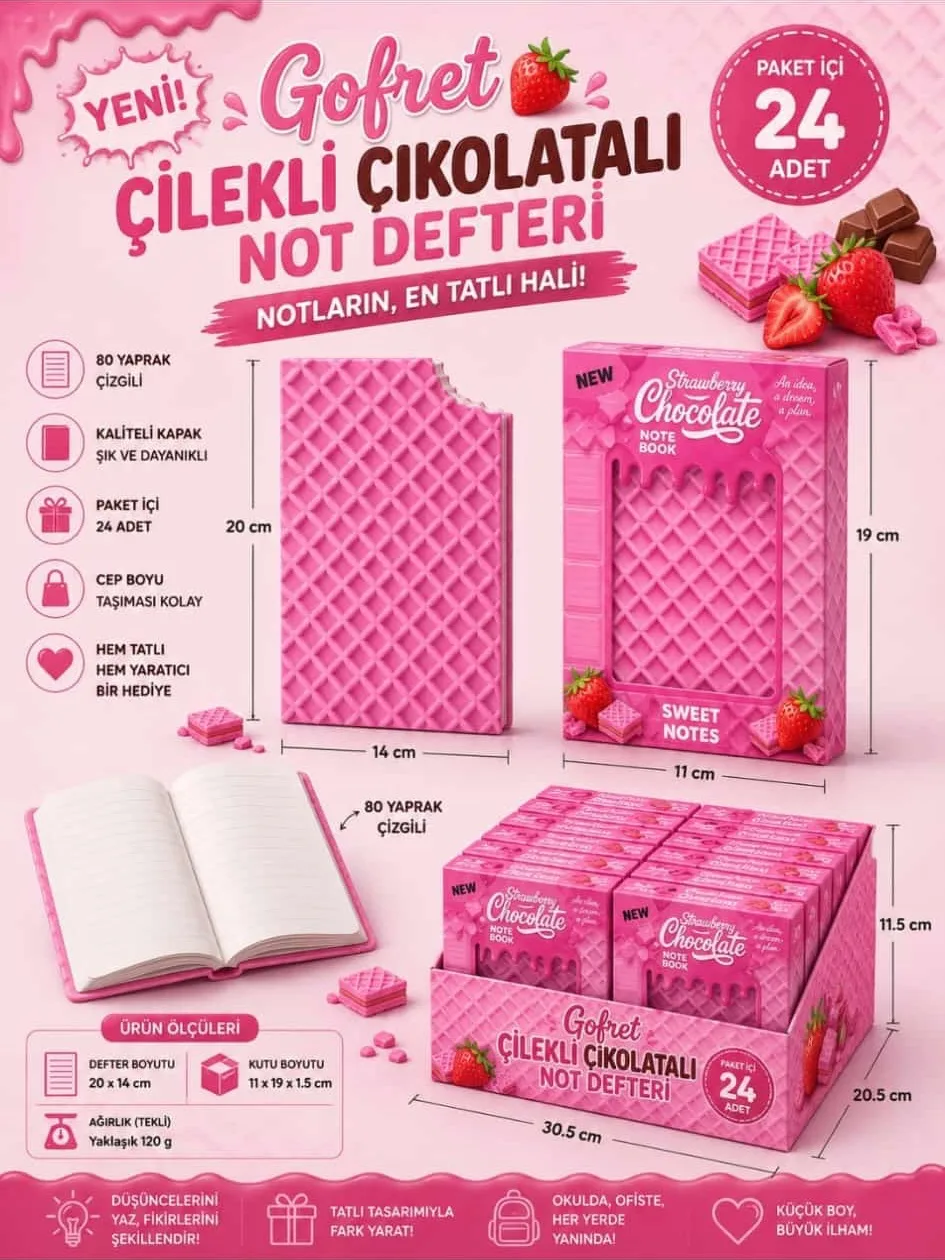 Gofret Çilekli Çikolatalı Not Defteri; ürün, ambalaj ve paket sunumu