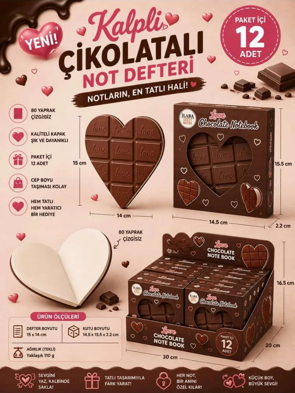 Kalpli Çikolatalı Not Defteri; ürün, ambalaj ve paket sunumu