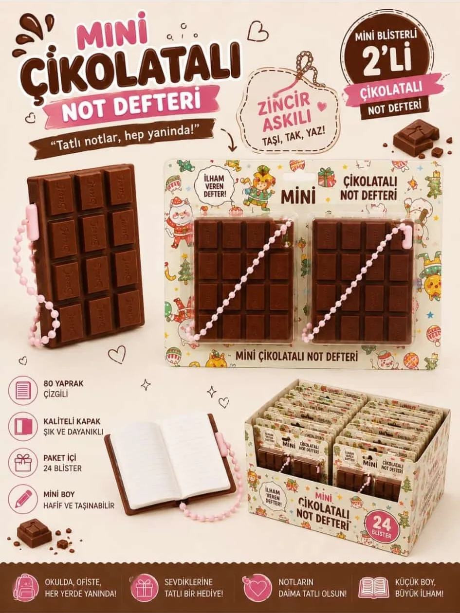 Mini Çikolatalı Not Defteri; ürün, ambalaj ve paket sunumu